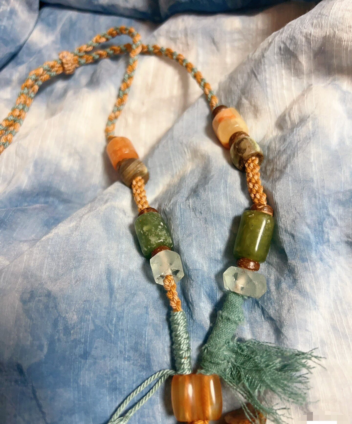 Handwoven Beaded Necklace with Jade Pendant