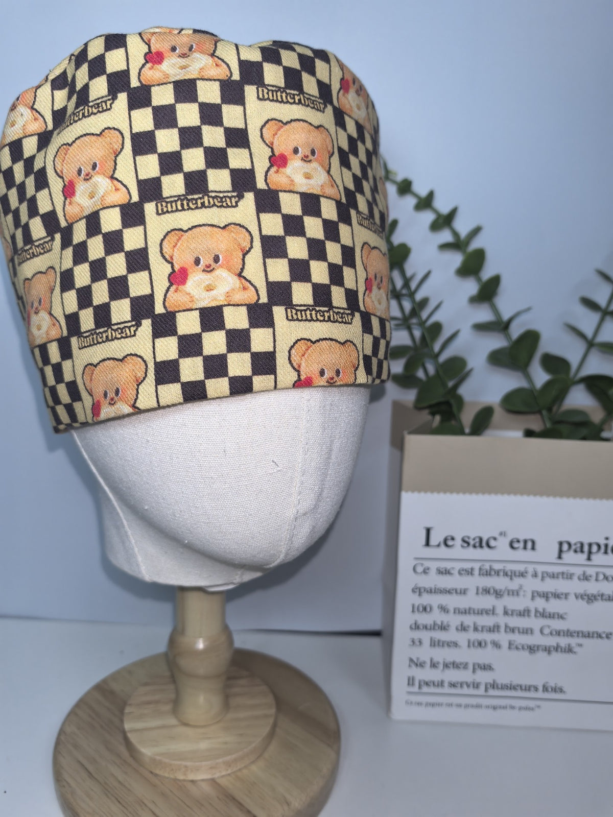 Cotton Checkerboard Bear Print Cap