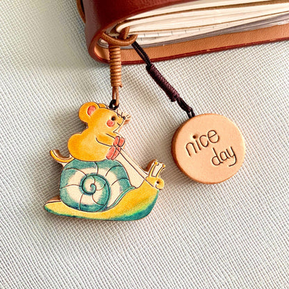 Hand-Carved Leather Mouse on Snail Pendant with Cheese Charm