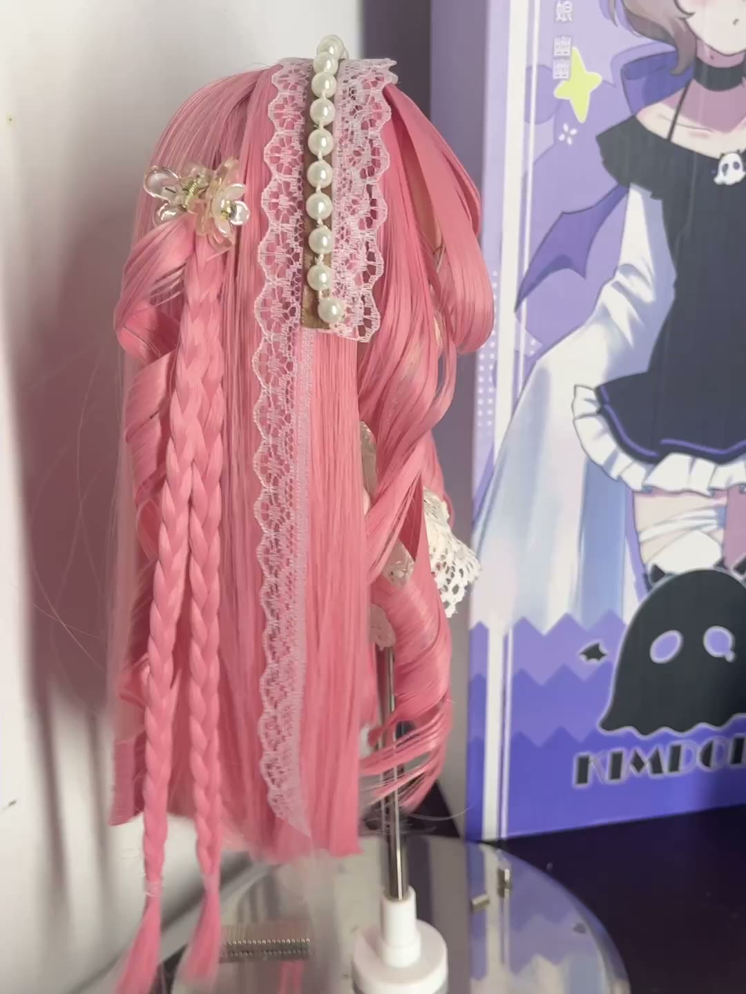 Doll Wig Pastel Pink Long Curly