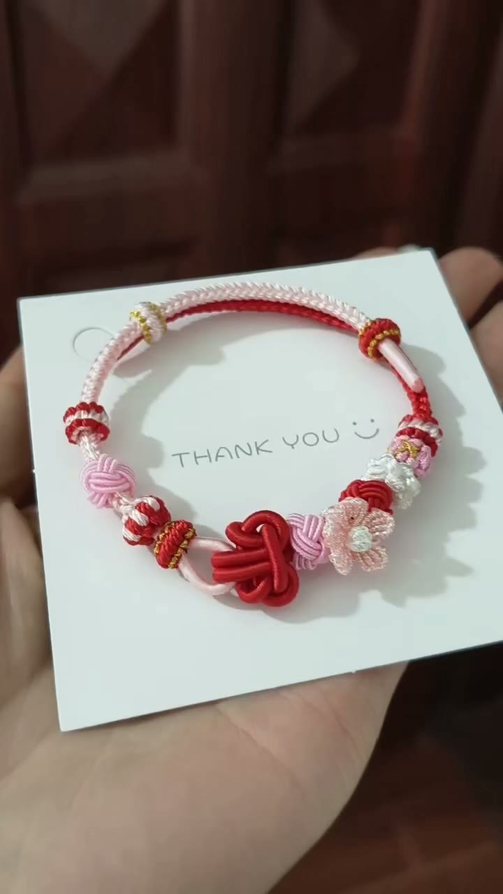ハンドメイド 赤×ピンク 編みコードブレスレット