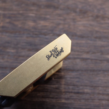 Black Leather Belt with Brass Buckle and Engraved Logo