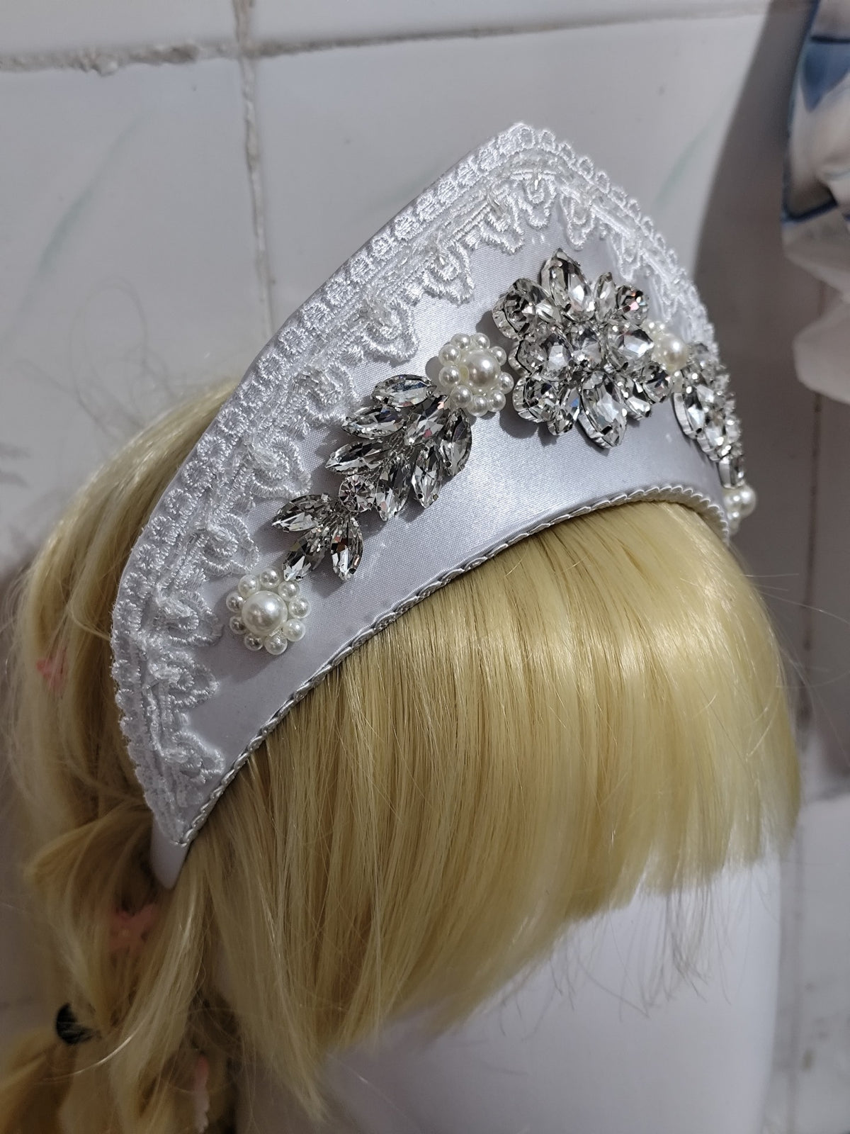 Silver White Lolita Kokoshnik Crown with Rhinestones