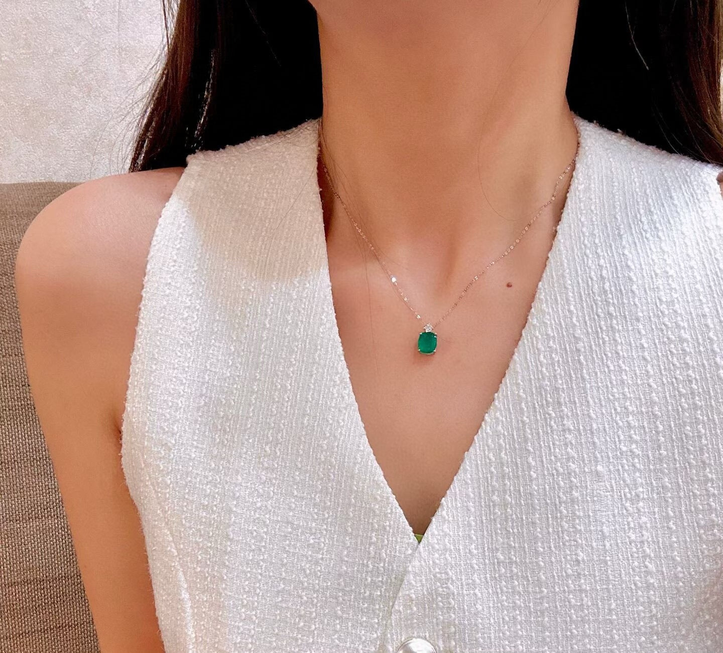 Platinum Cushion-Cut Emerald Pendant with Diamond Accent