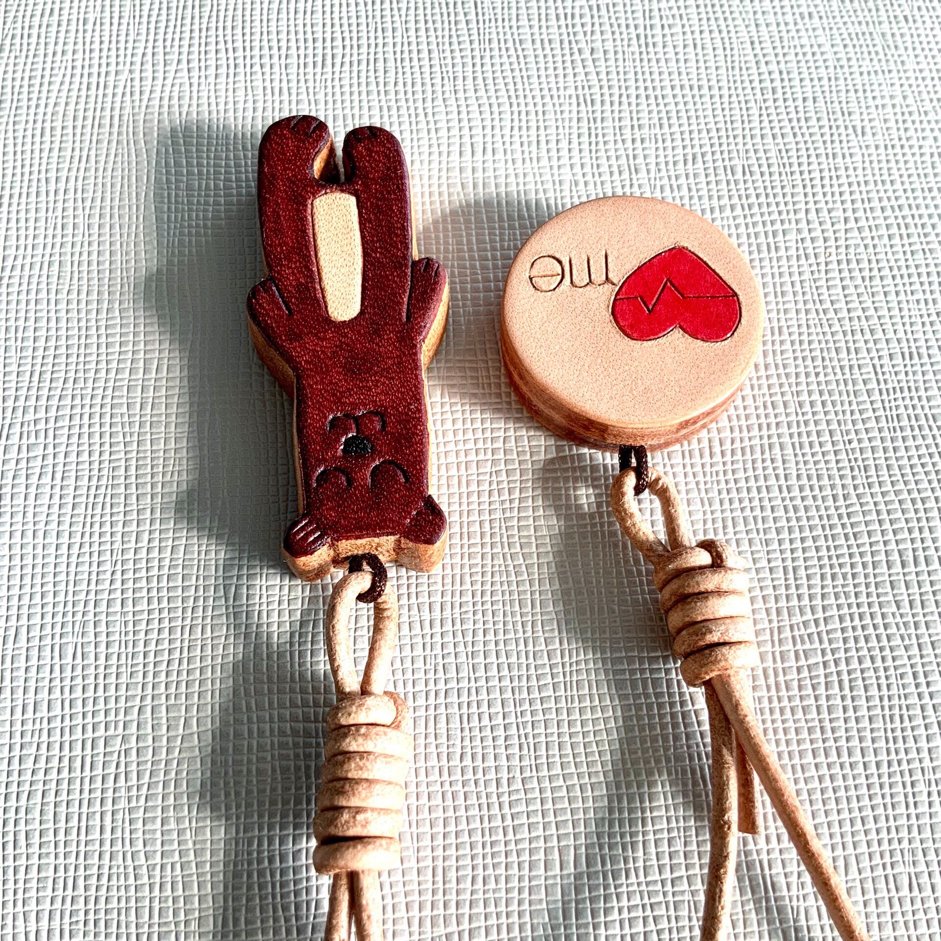 Set of Two Leather Charms: Bear and Heart Pendants for Journal, Bag, or Phone