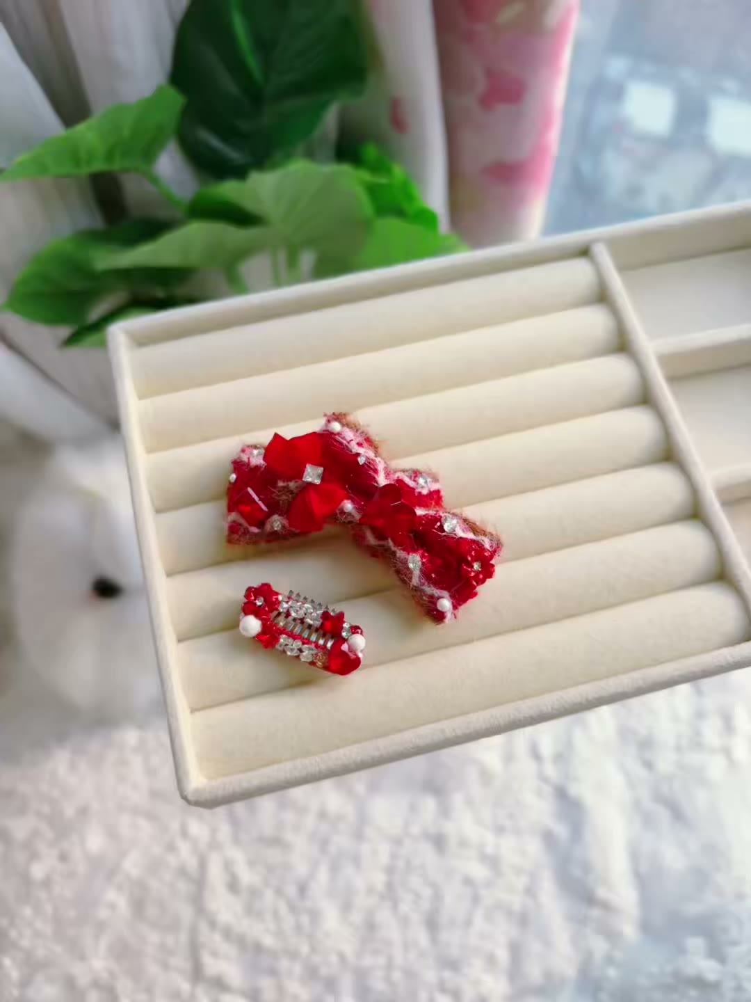 Handmade Red Plush Crystal Pet Hair Clip Set