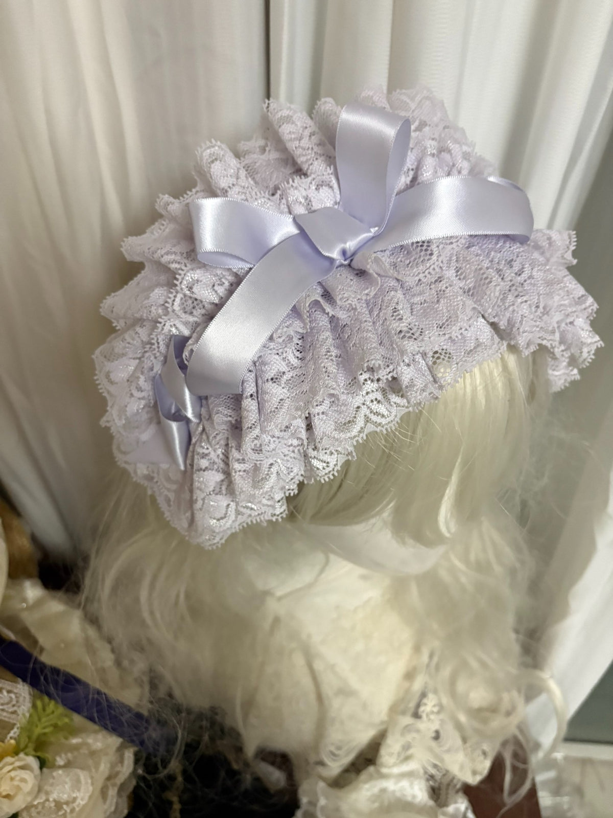 Lavender Lace Ruffle Headpiece with Satin Bow