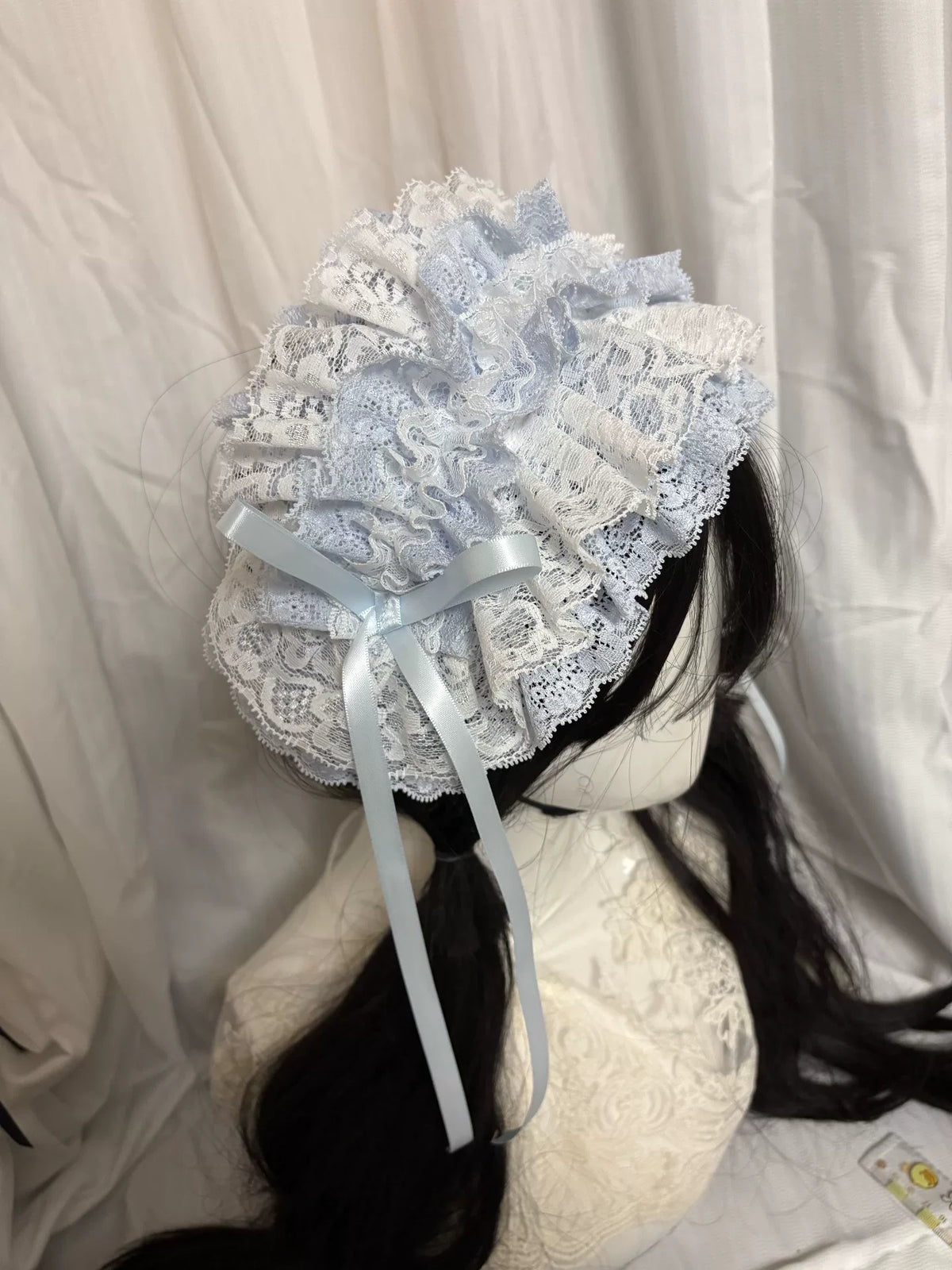 Handmade White and Light Blue Lace Bonnet