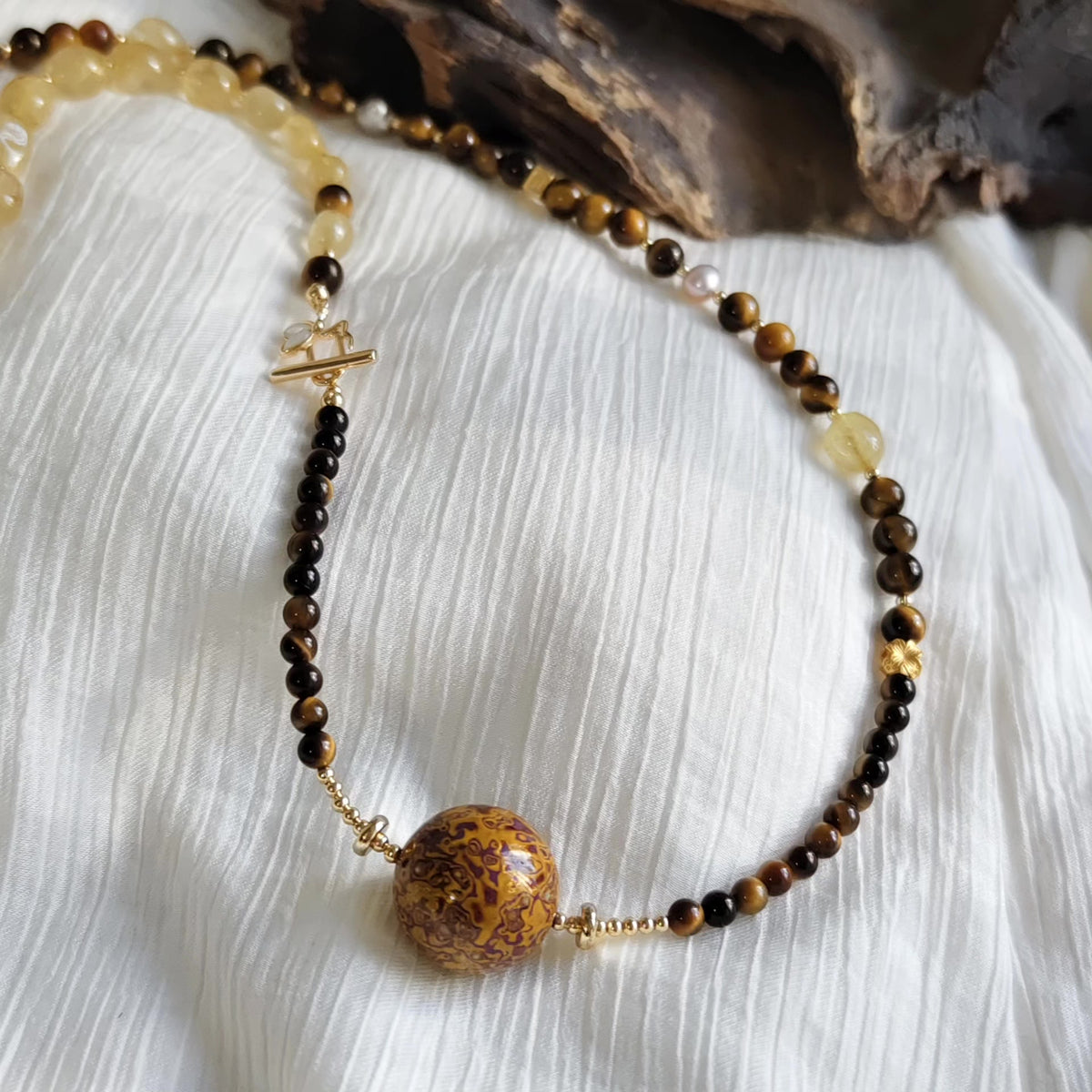Chinese Lacquer Bead Necklace with Tiger Eye