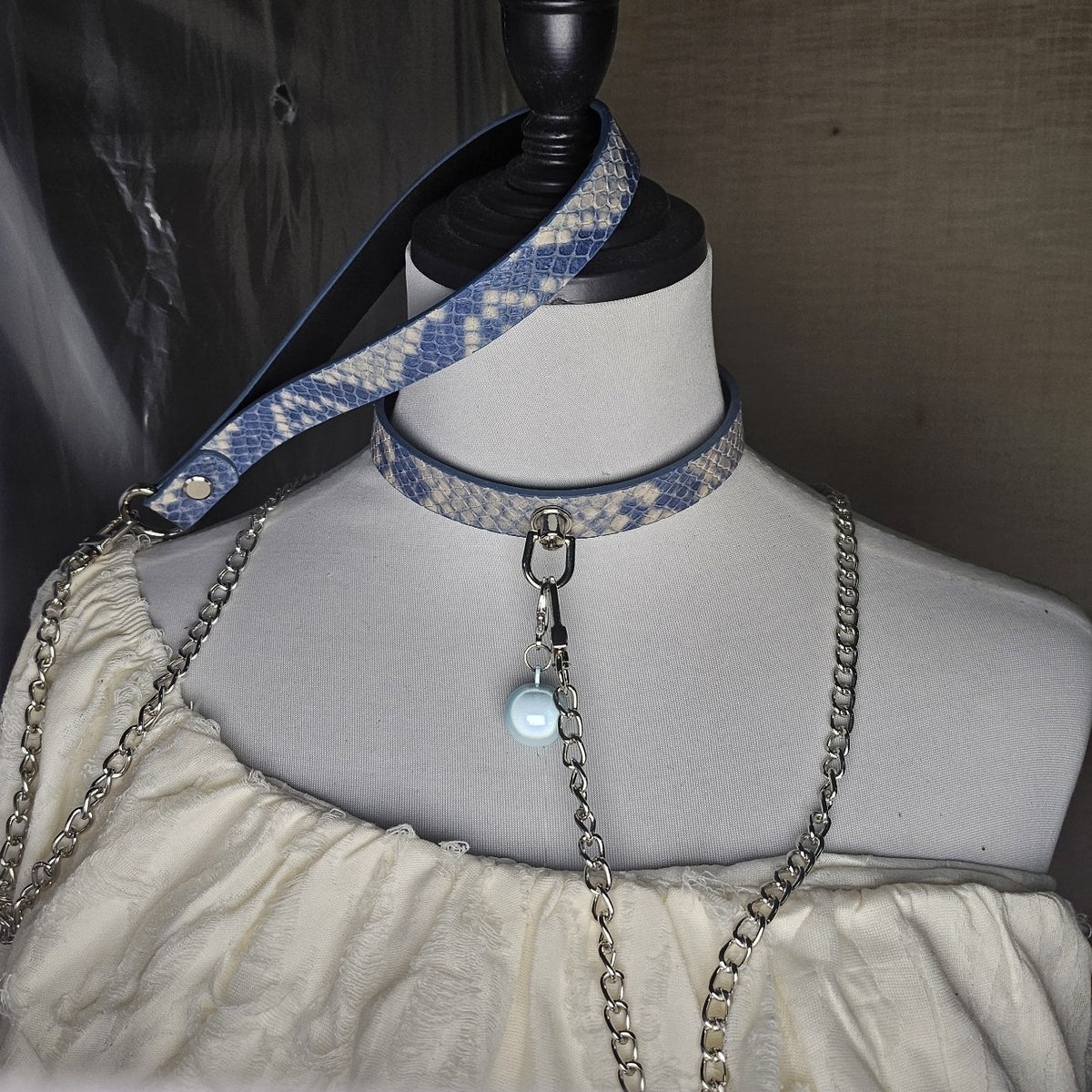 Snakeskin Leather Choker with Silver Chain