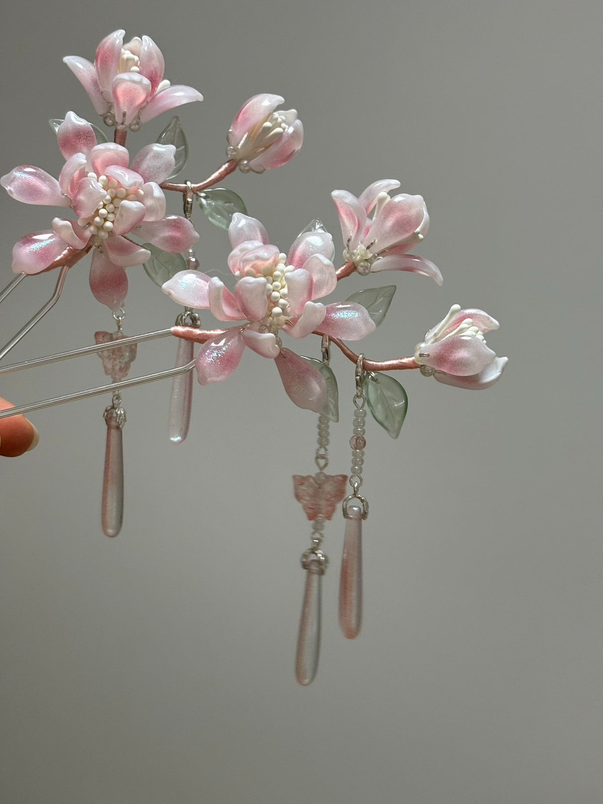 Pink Jade Magnolia Glazed Hairpin
