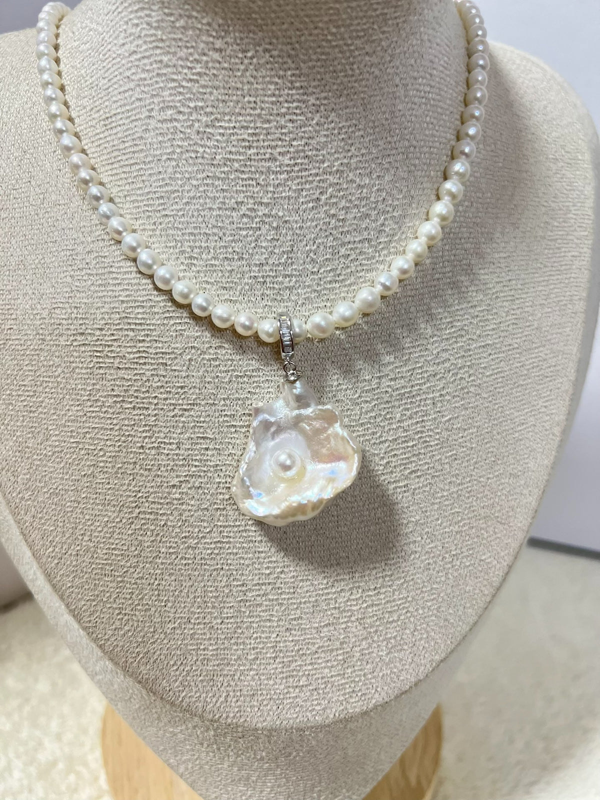 Pearl Necklace with Baroque Shell Pendant