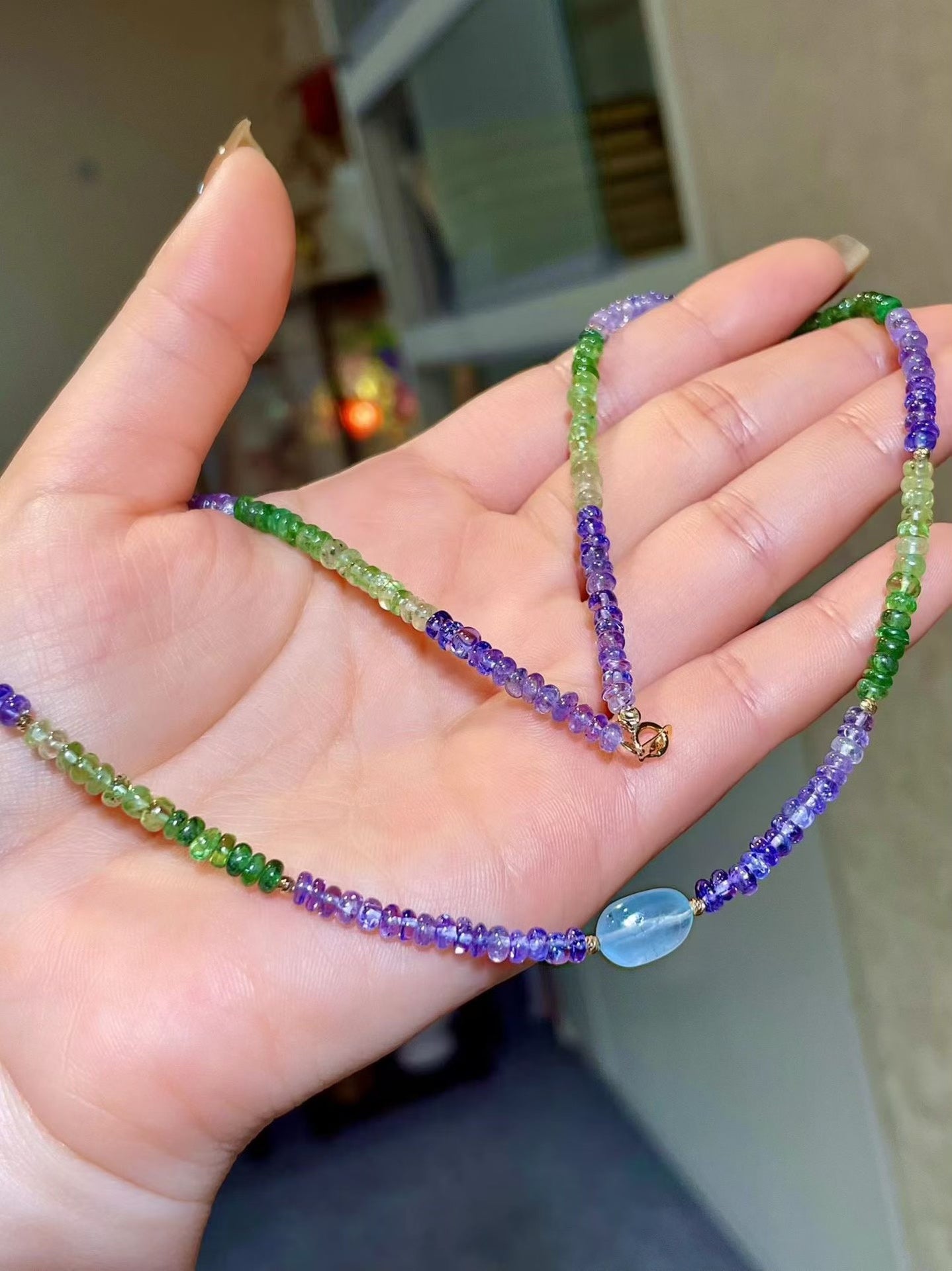 Tsavorite and Tanzanite Gradient Abacus Bead Necklace with Oval Cabochon Center