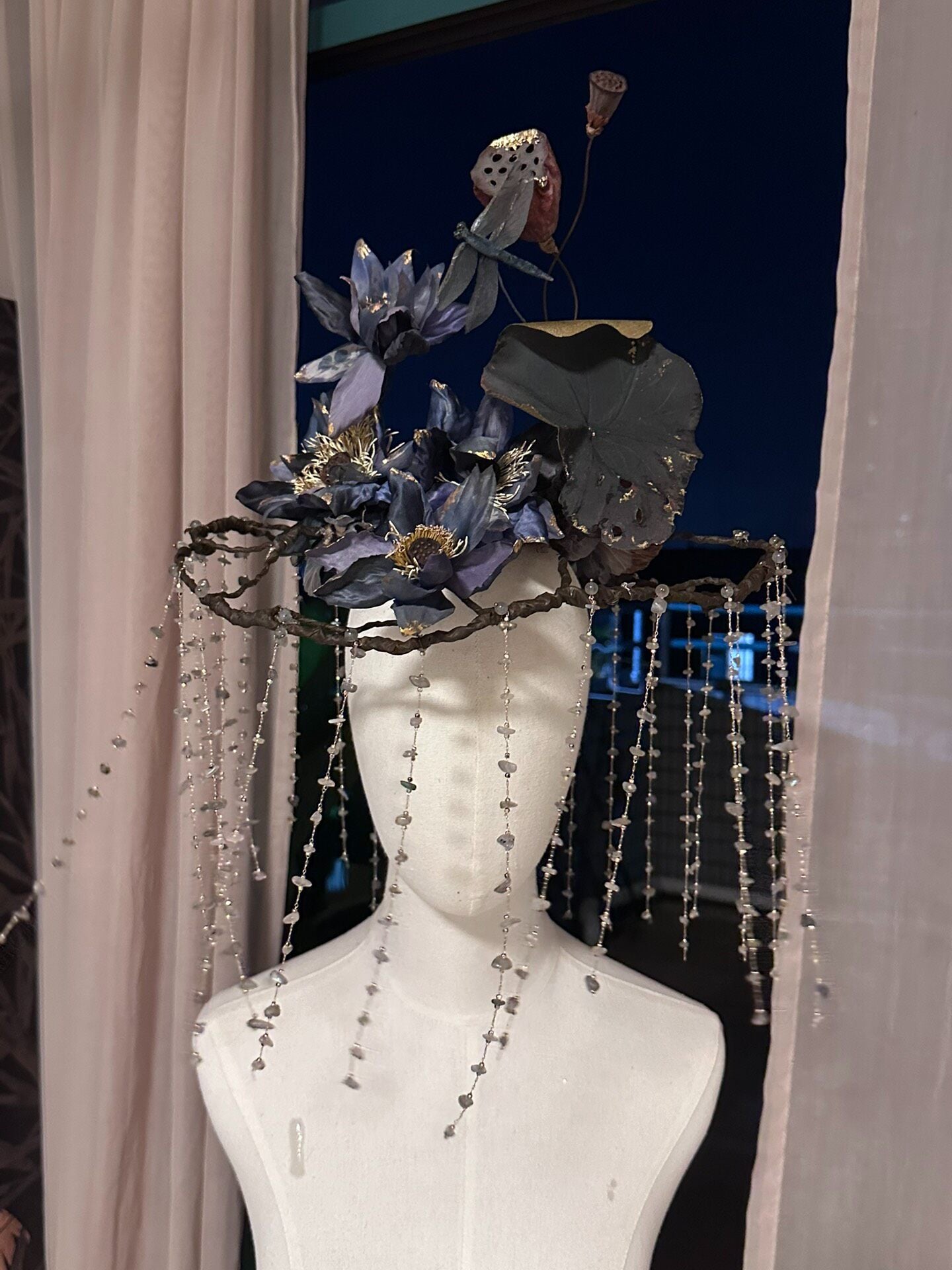 Lotus Flower Veil Headpiece with Beaded Drapes