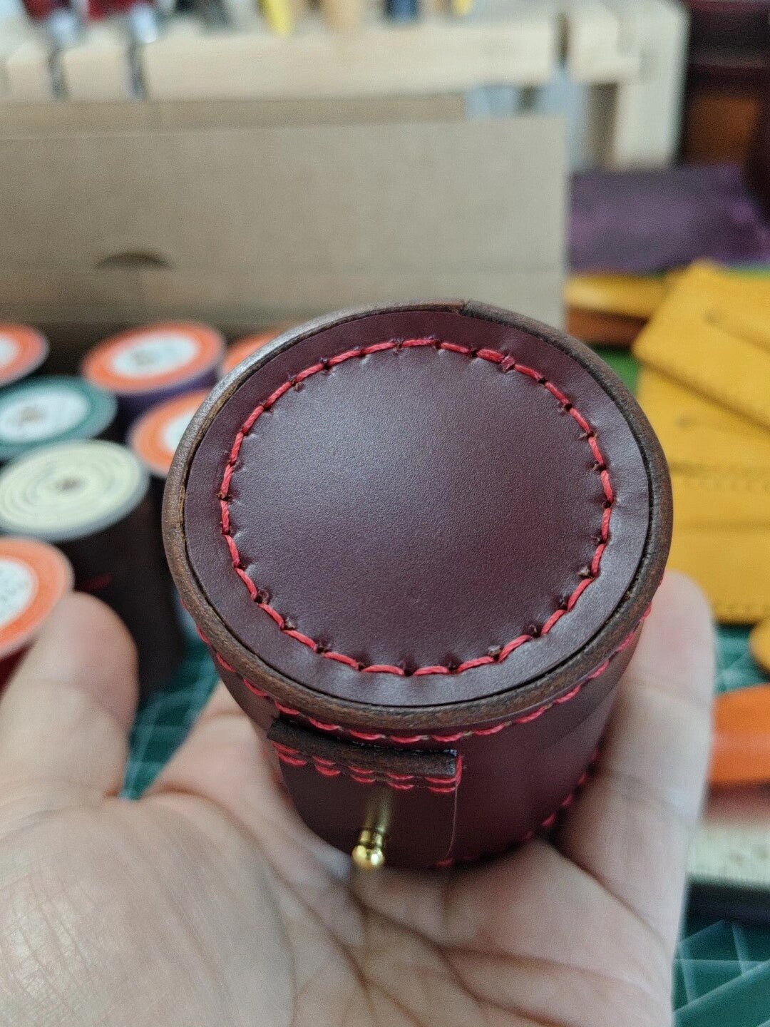 Handcrafted Leather Cylinder Jewelry Storage Box