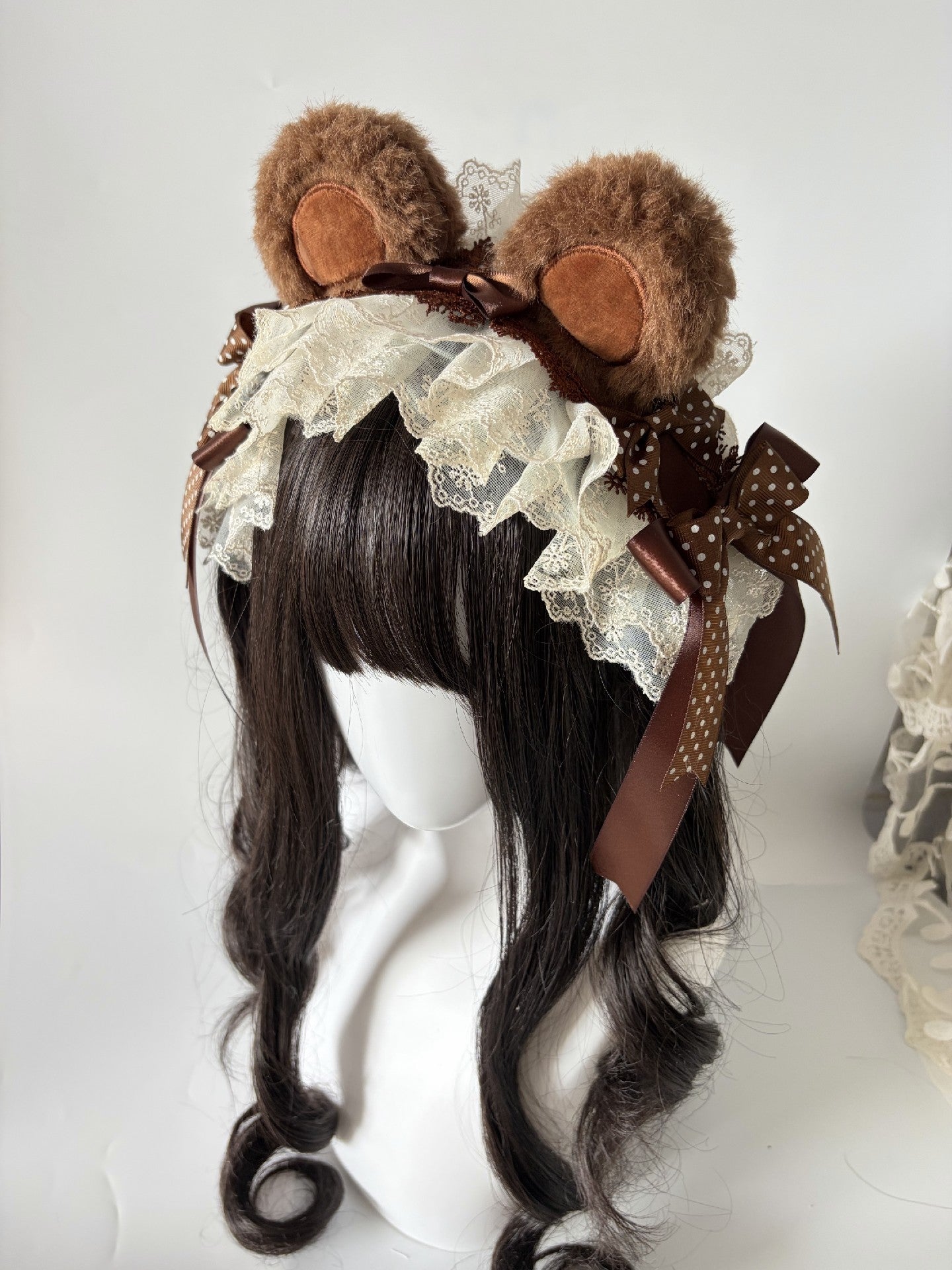 Brown Chocolate Bear Ear Lolita Headband with Lace and Bows