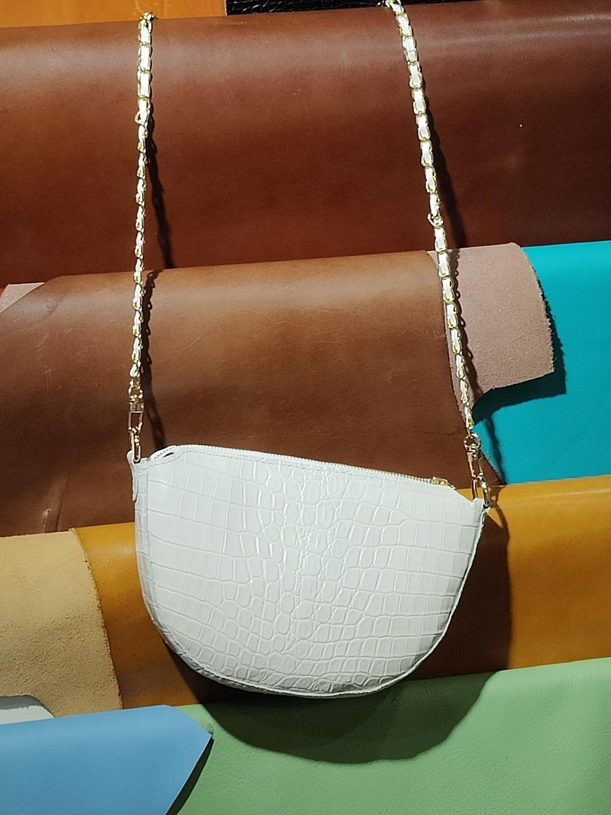 Croc Embossed Leather Crescent Handbag
