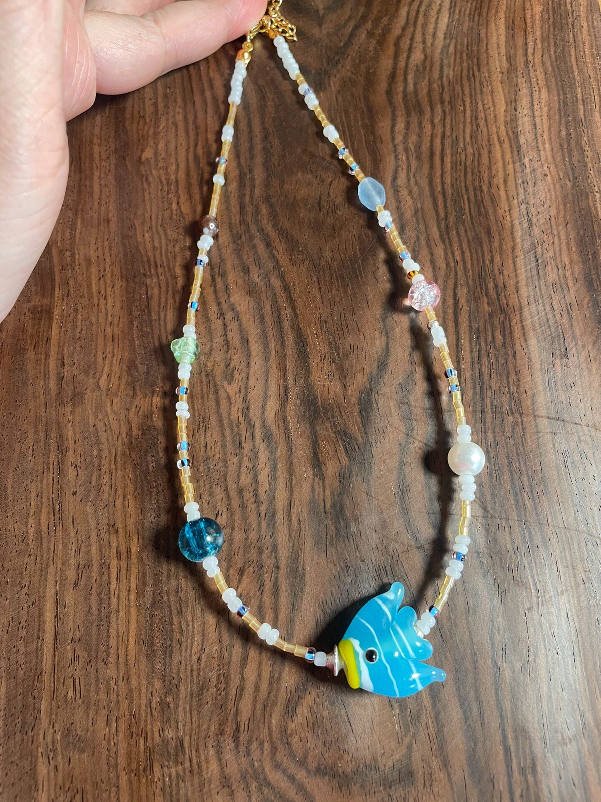 Handcrafted Beaded Necklace Blue Fish Pendant