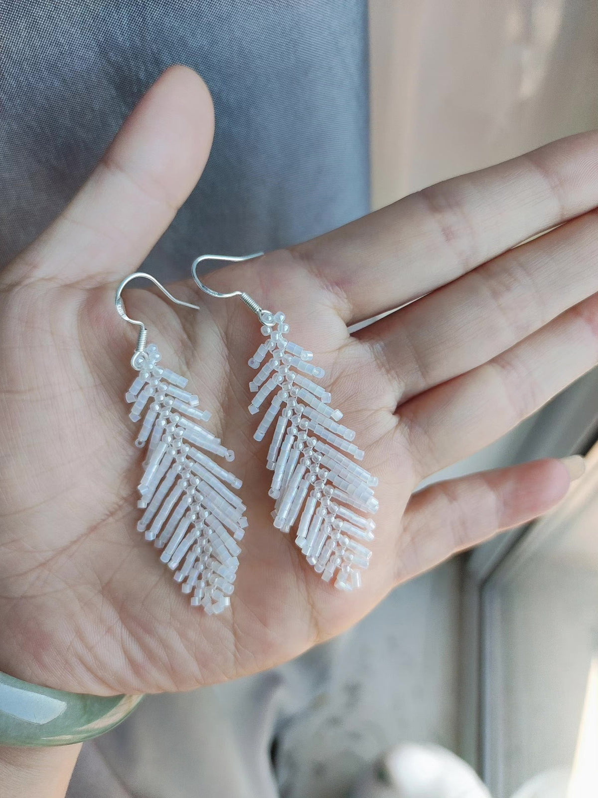 Beaded Feather Dangle Earrings 925 Silver