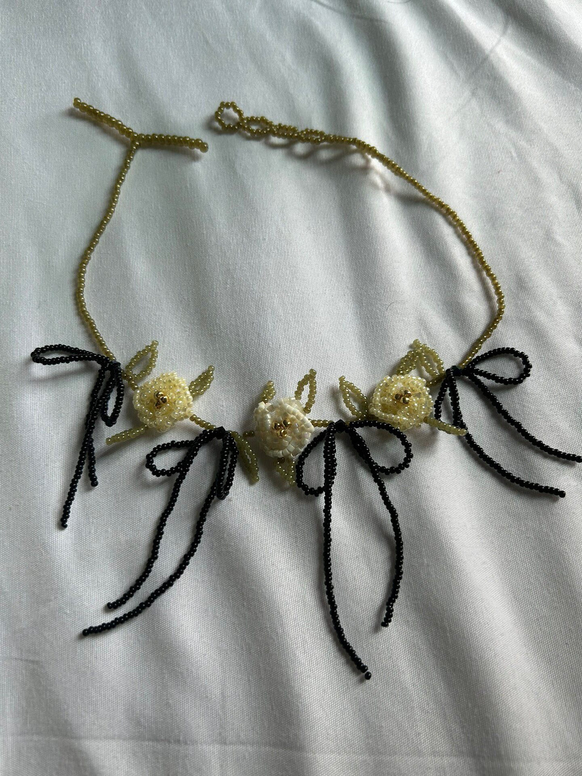 Handmade Beaded Flower Bow Necklace Adjustable