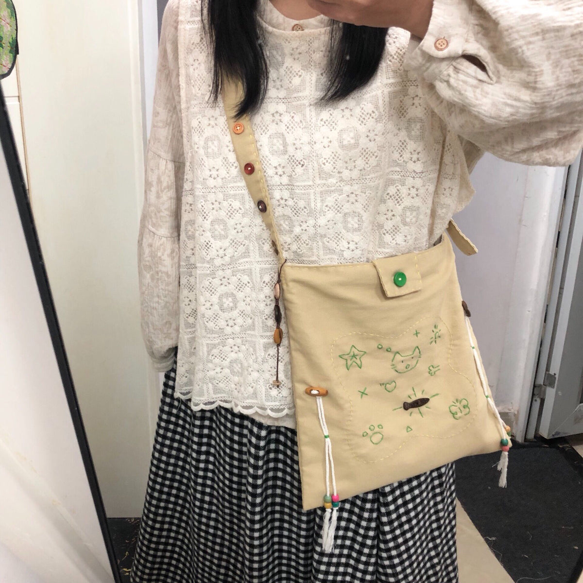Beige Khaki Canvas Crossbody Shoulder Bag