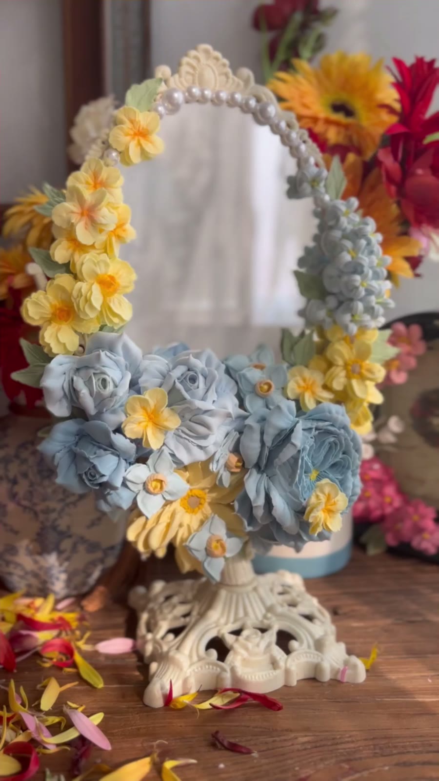 Clay Flower Oval Decorative Mirror