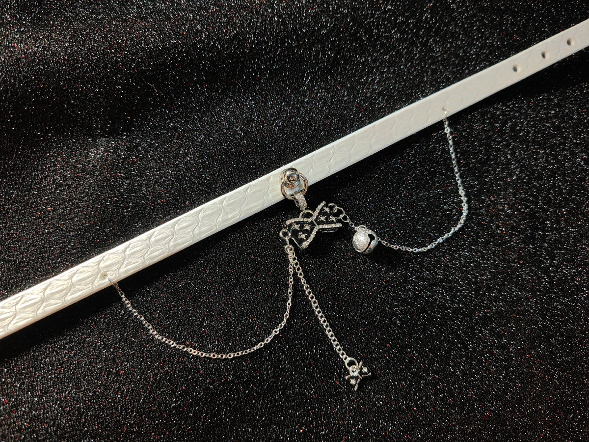 White Snakeskin Choker with Silver Bell Charm