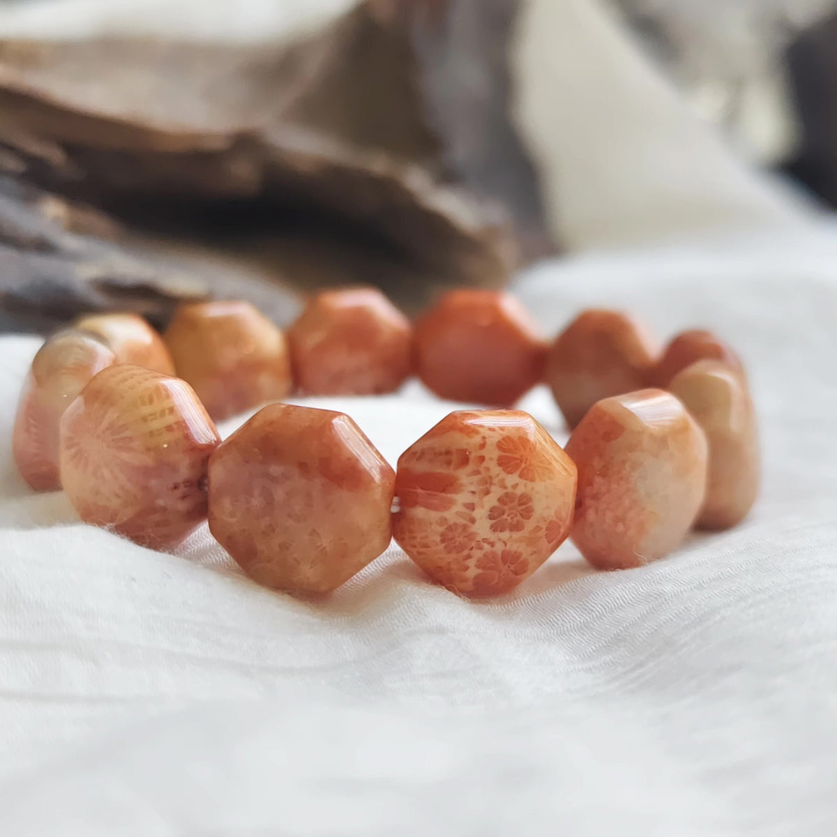 Chrysanthemum Coral Jade Hexagonal Bead Bracelet