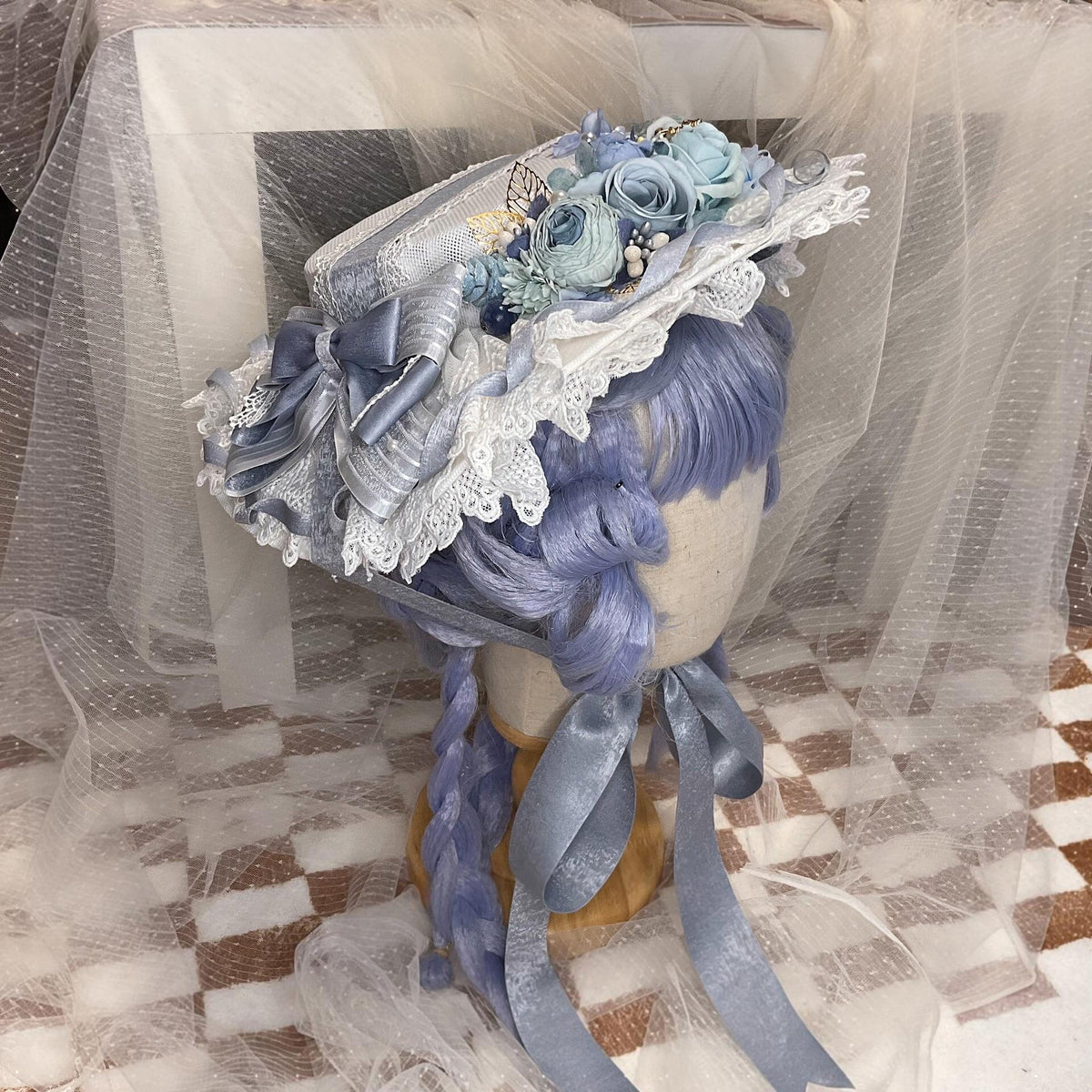 Lolita Flat Hat Pseudo Bonnet Dusty Blue Lace