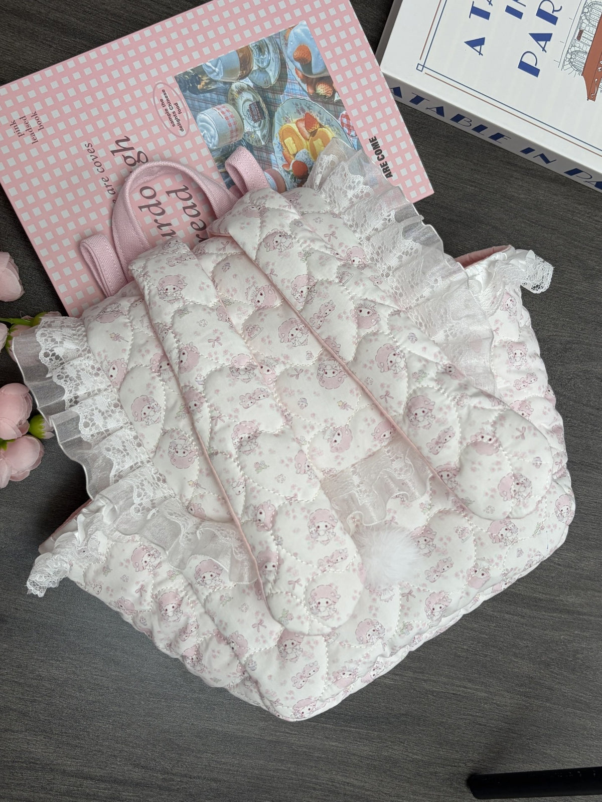 Handmade Rabbit Backpack Pink Lace Trim
