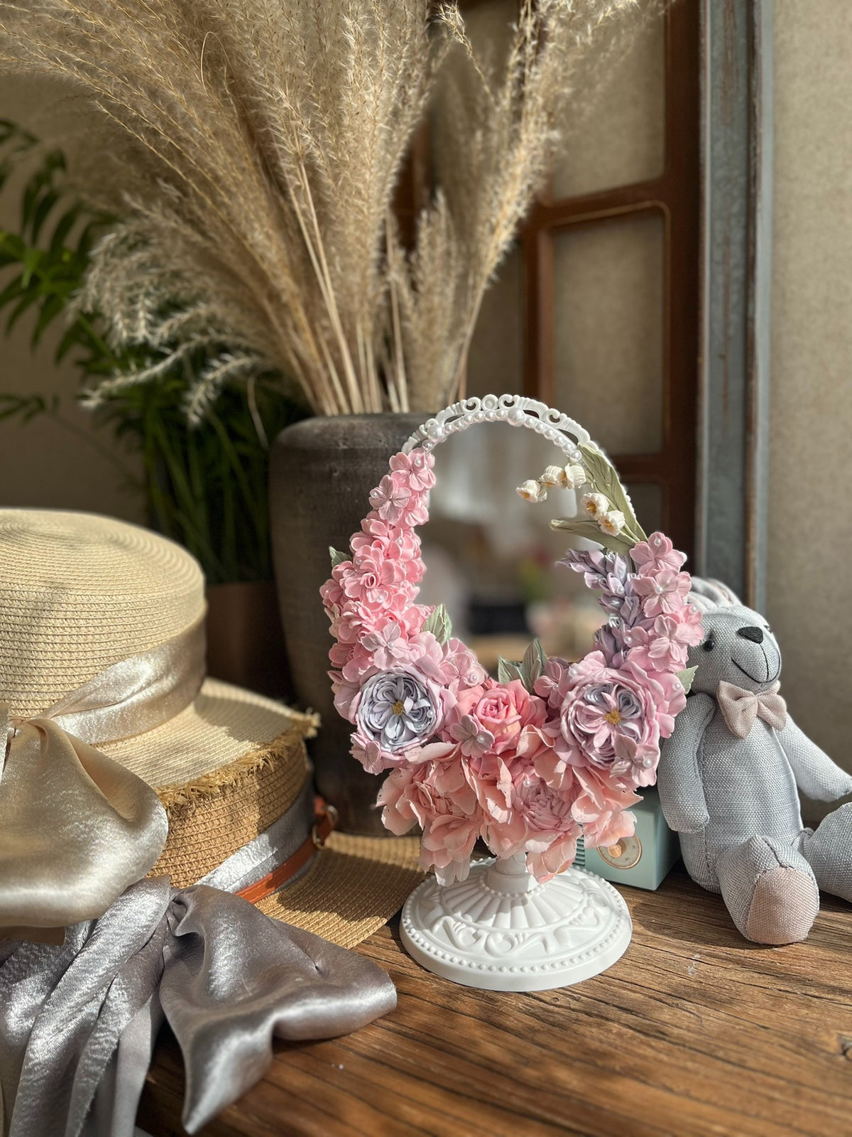Clay Flower Decorated Round Mirror