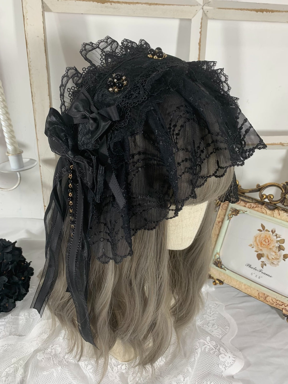 Diadema de encaje negro con lazo Gothic Lolita