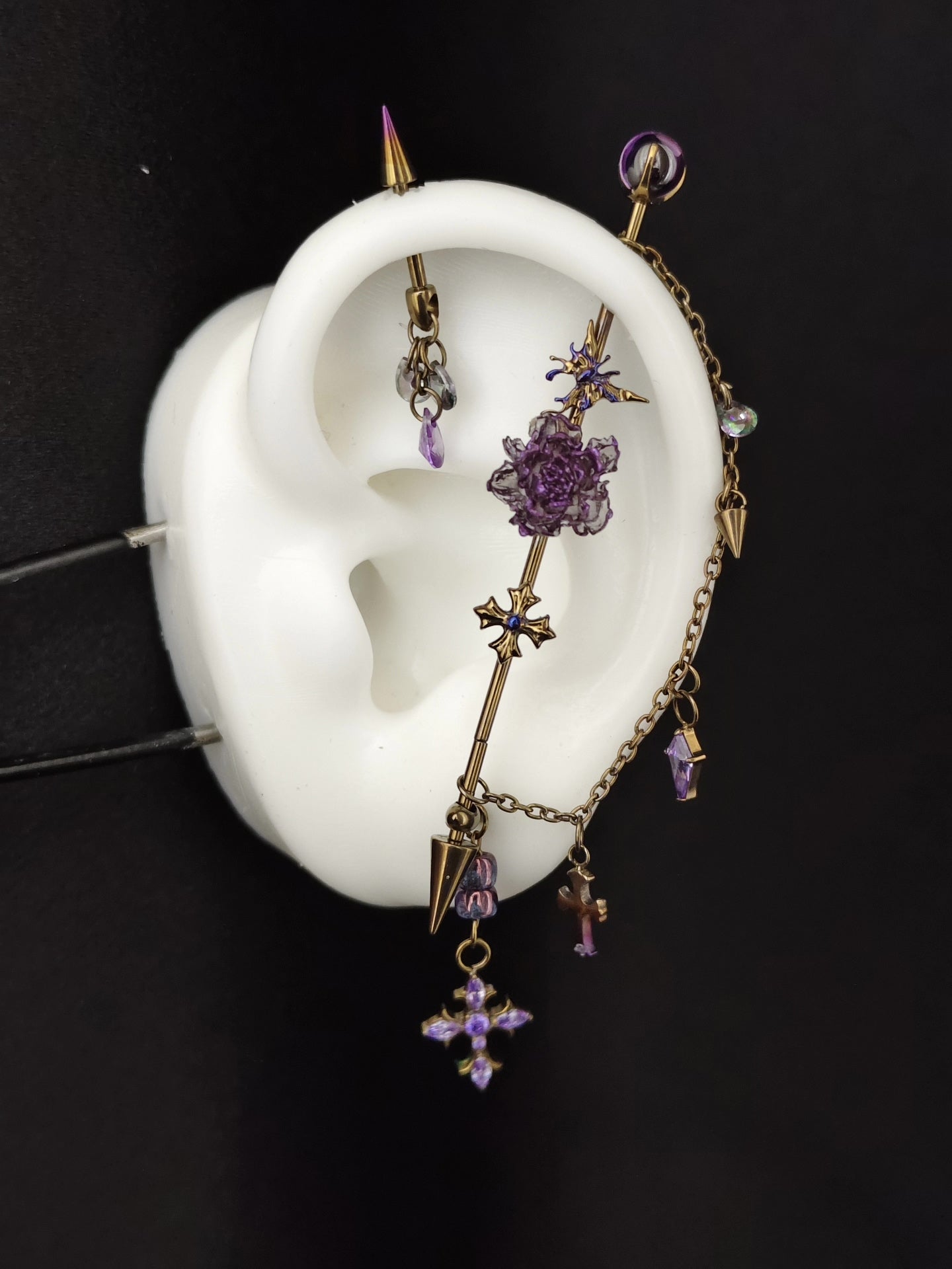 Titanium Alloy Ear Bridge with Purple Gem, Cross & Spike Charms