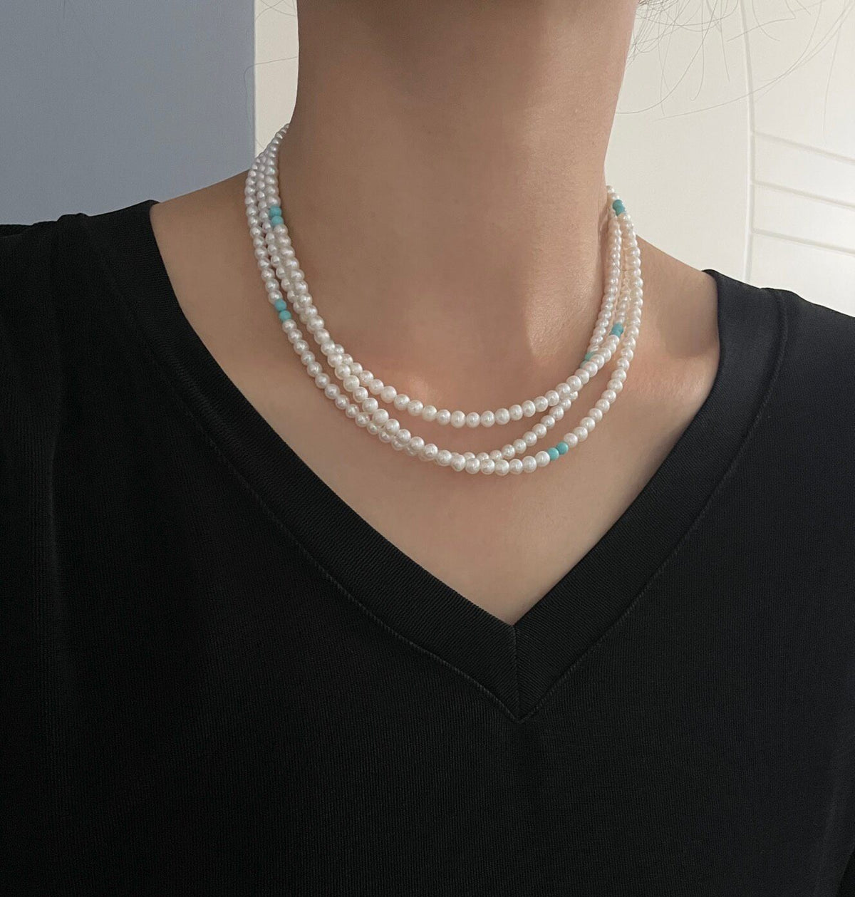Natural Pearl Turquoise Bead Sweater Chain