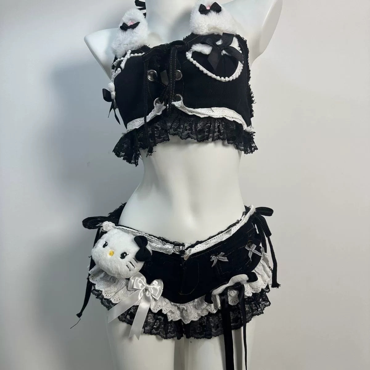 Black White Lace Cat Two Piece Set