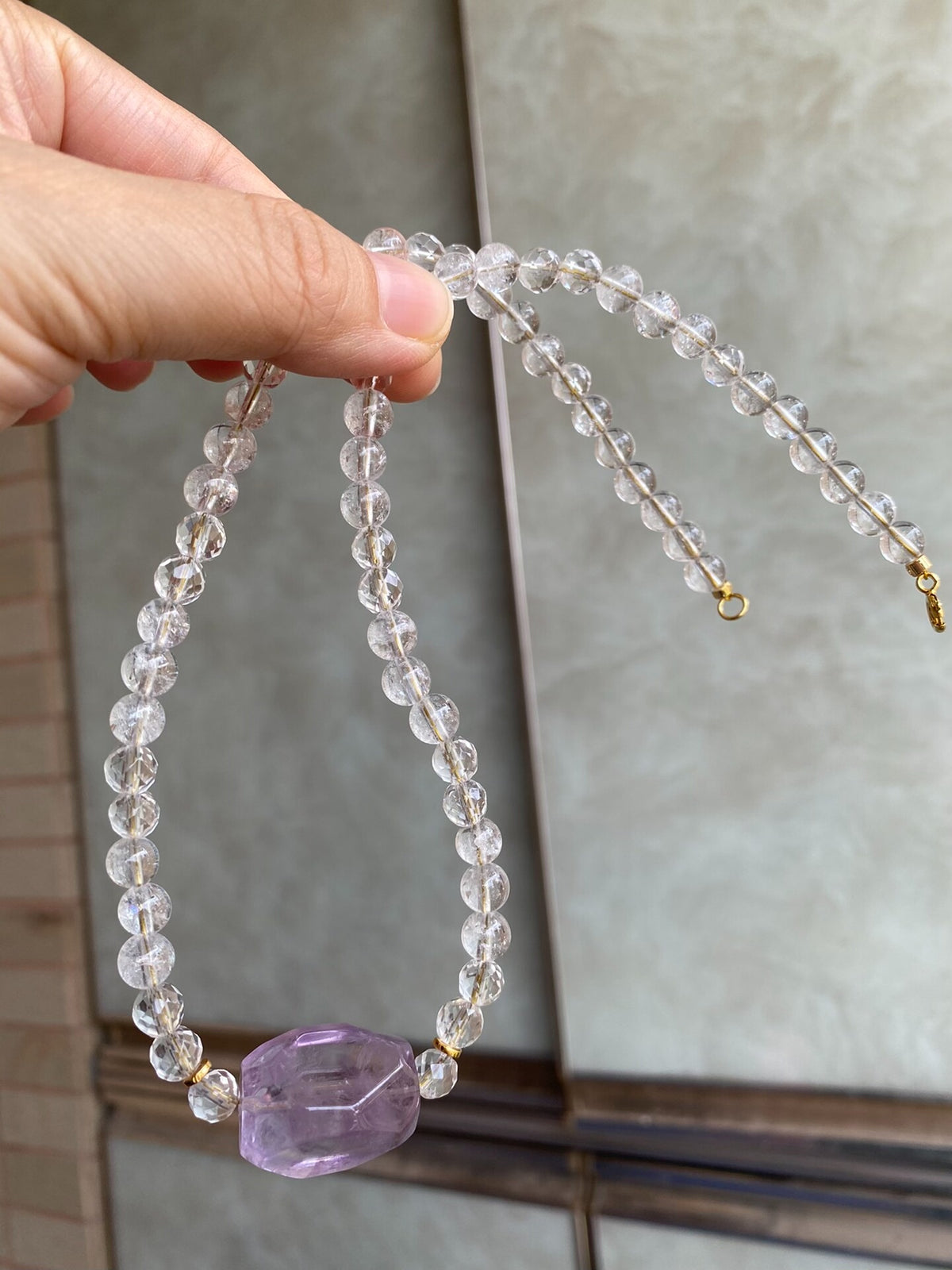 Lavender Amethyst Crystal Necklace with Rainbow Beads