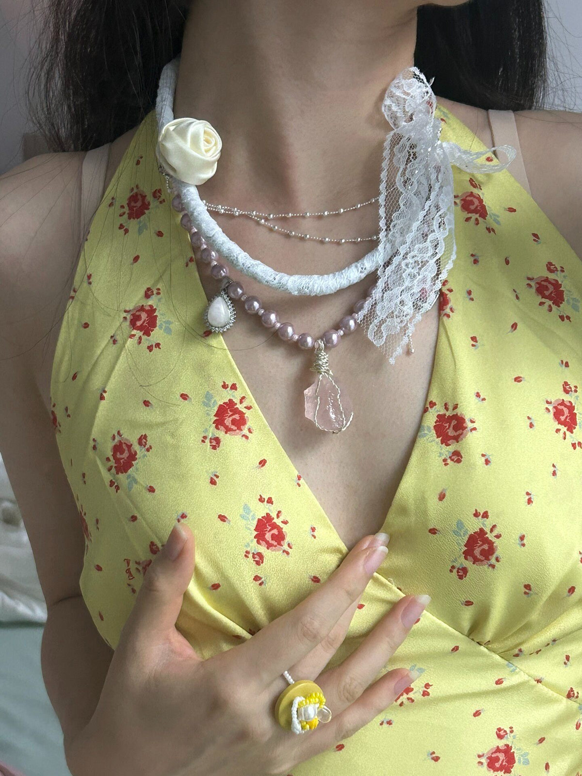 Raw Crystal Pendant Lace Collar Necklace