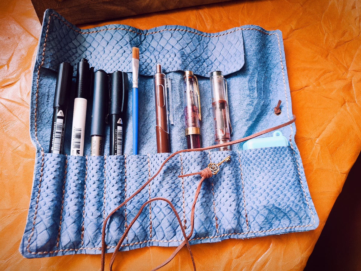 Cowhide Pen Case Set with Blue Texture