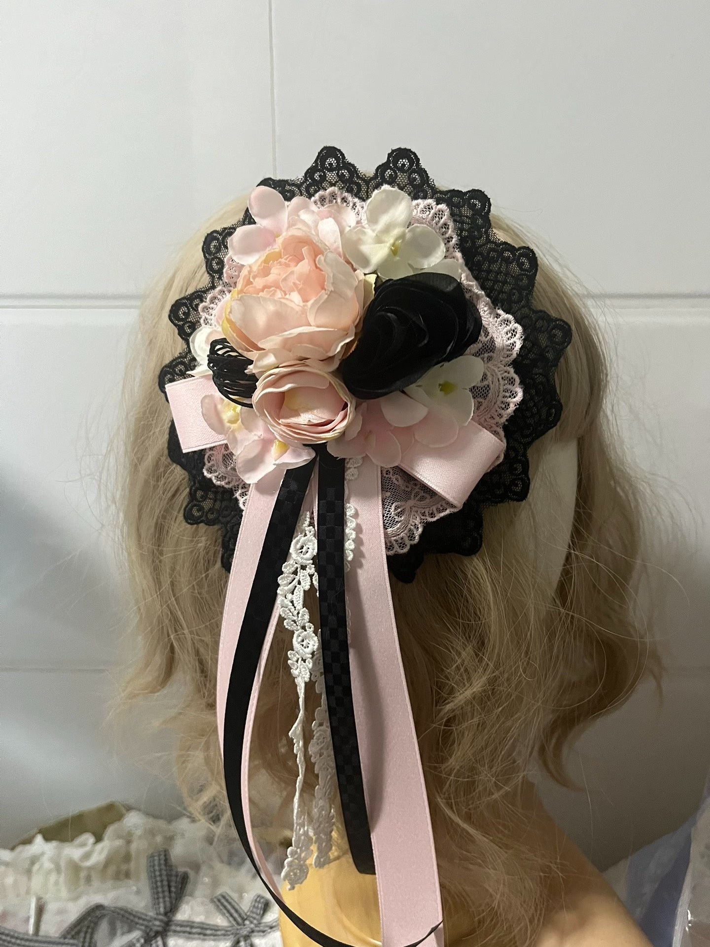 Black Pink Floral Lolita Handcrafted Hair Accessory with Lace and Ribbon