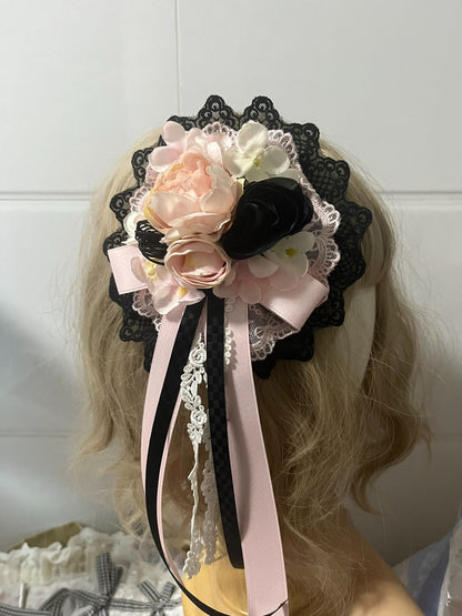 Black Pink Floral Lolita Handcrafted Hair Accessory with Lace and Ribbon