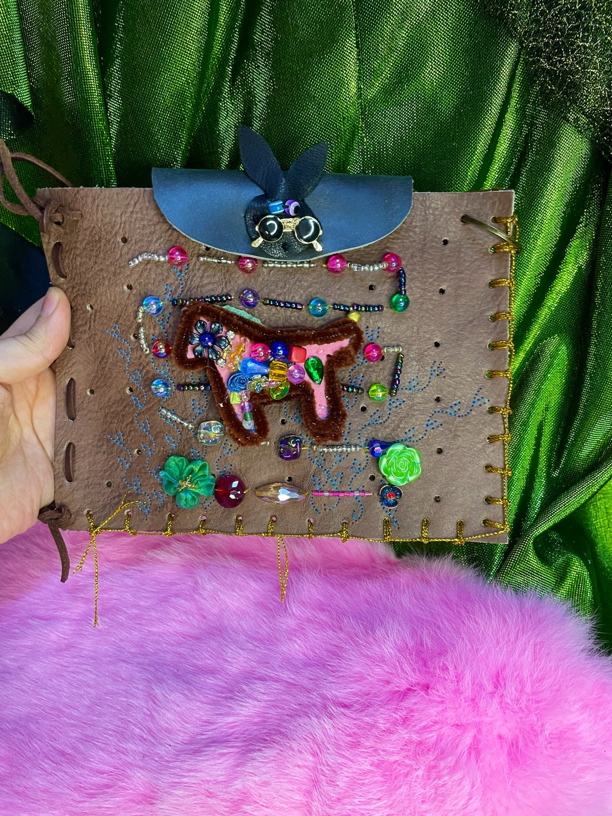Crazy Horse Leather Crossbody Bag with Beadwork
