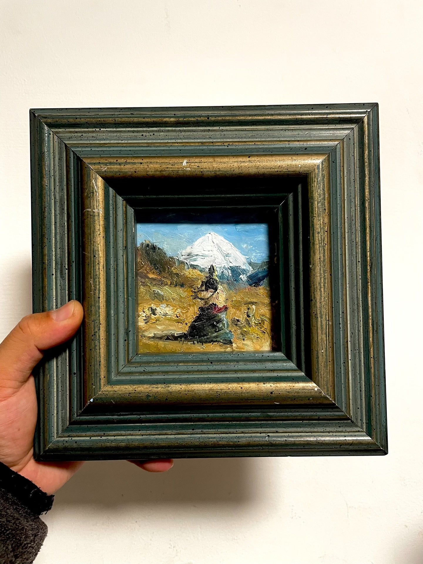 Hand-Painted Oil Painting of Snow-Capped Mountain Landscape, 10x10cm Canvas in 20x20cm Wooden Frame