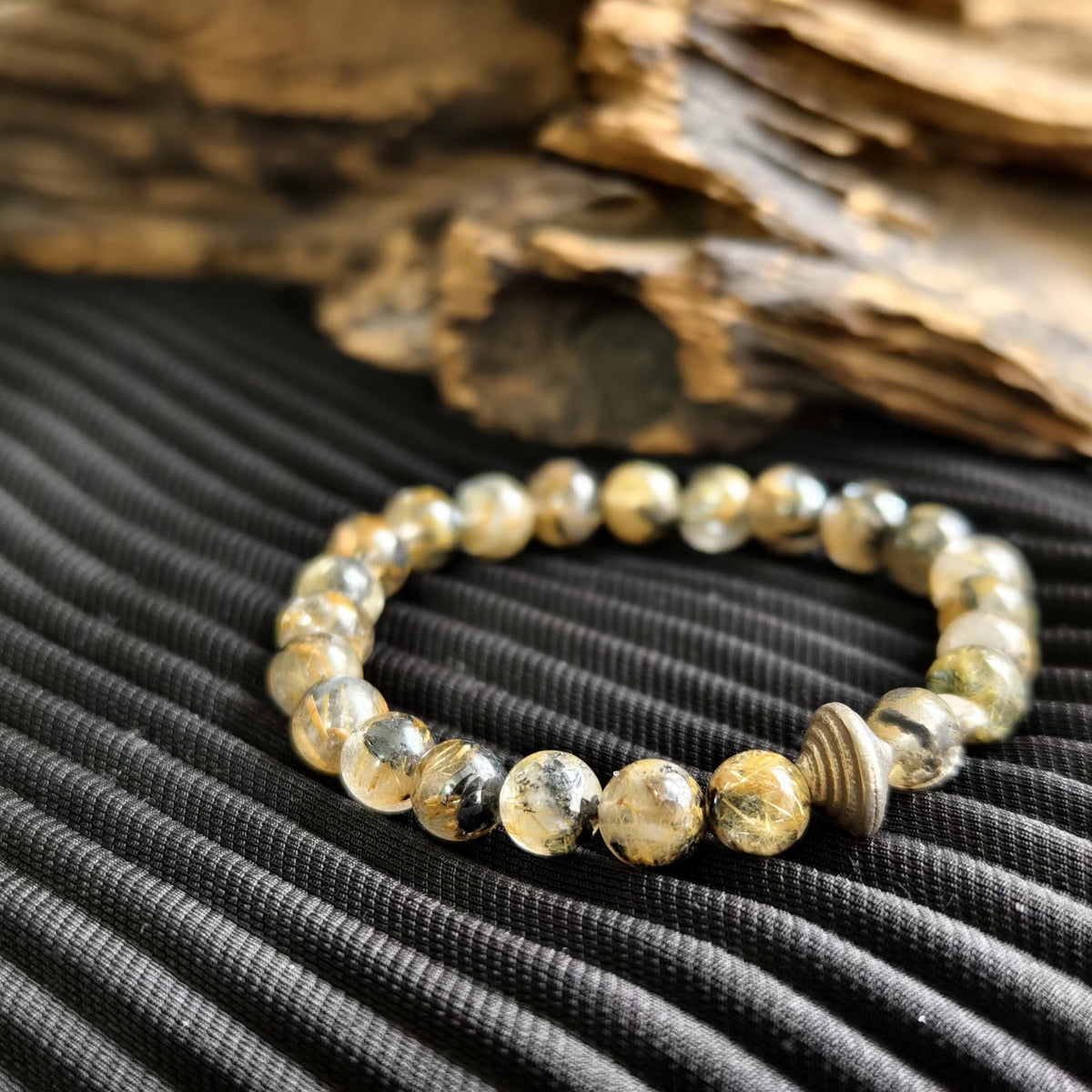 Rutilated Quartz Beaded Bracelet 7.8mm Silver Accent