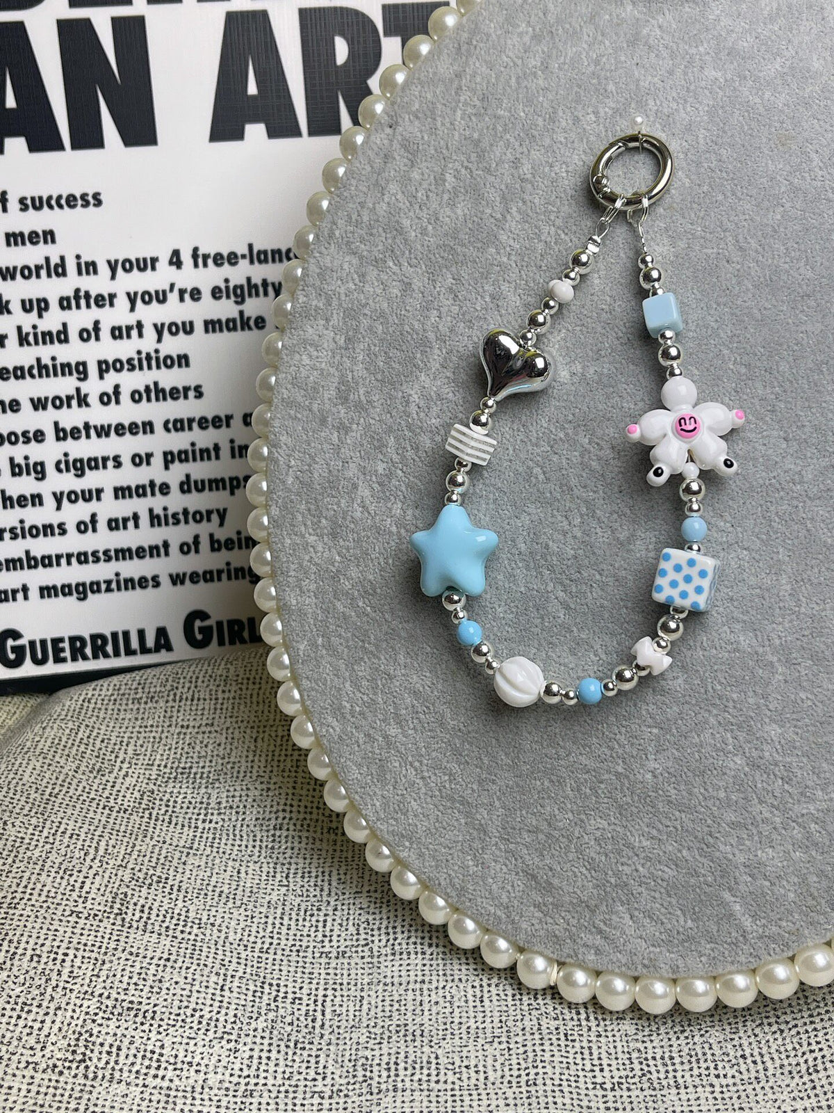Handmade Blue White Beaded Phone Charm
