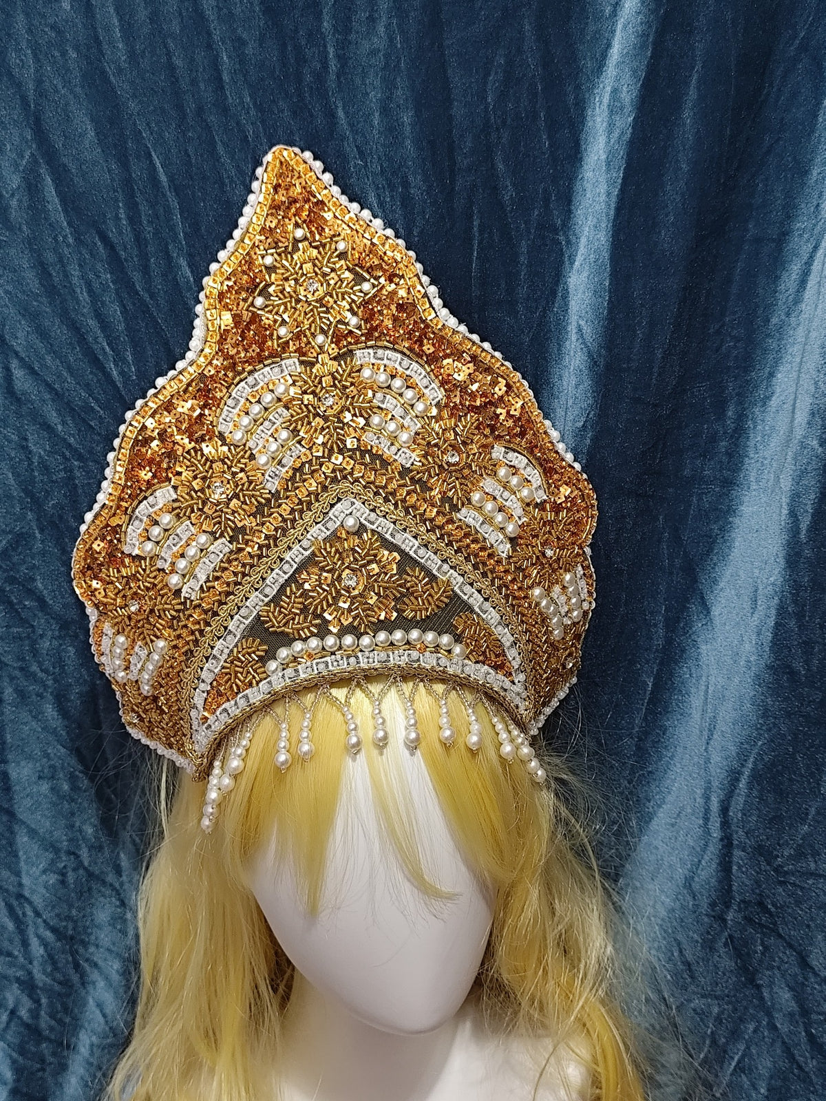 Gold Beaded Kokoshnik Lolita Crown Headpiece