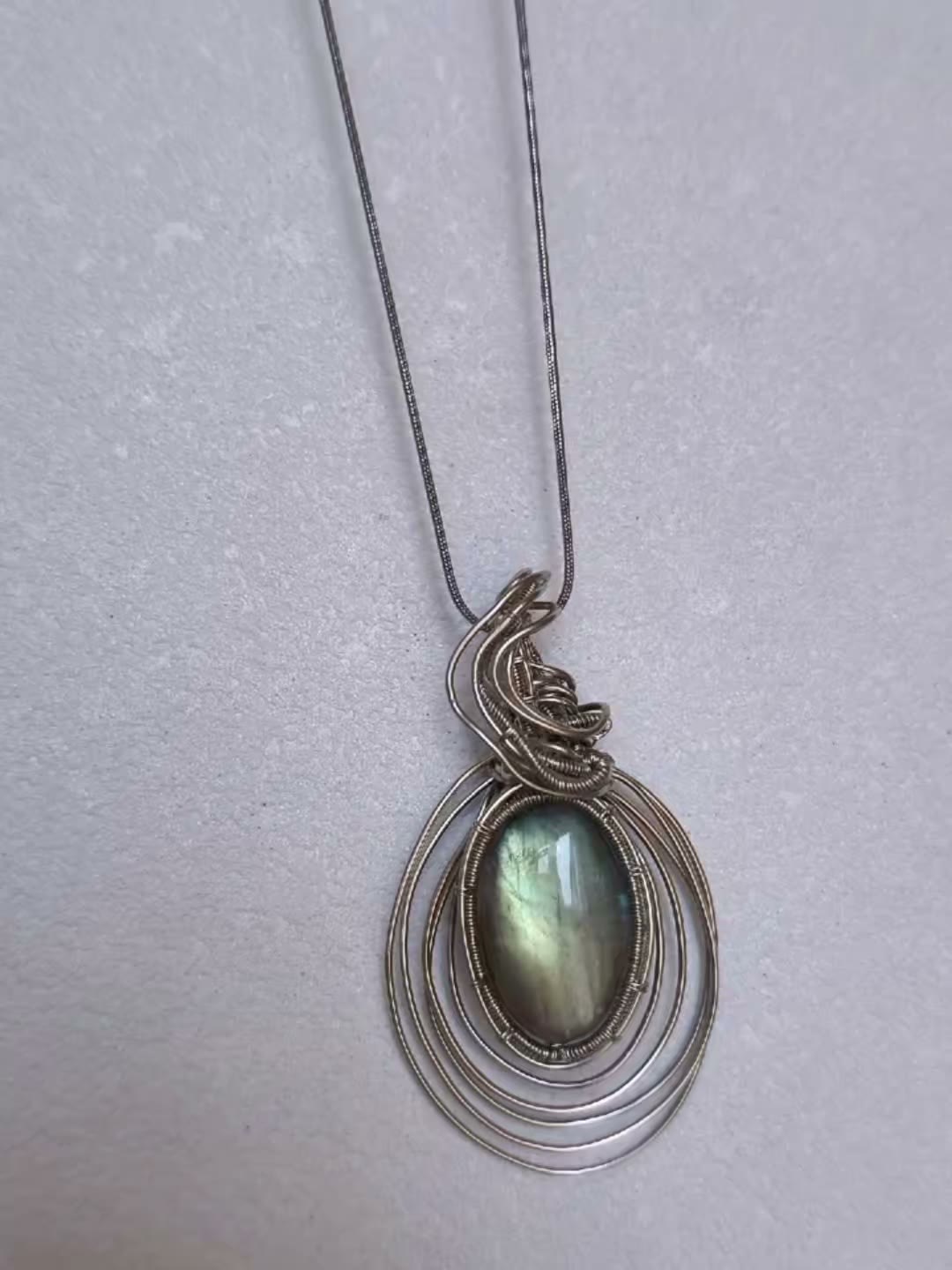 Oval Labradorite Wire Wrapped Pendant Necklace