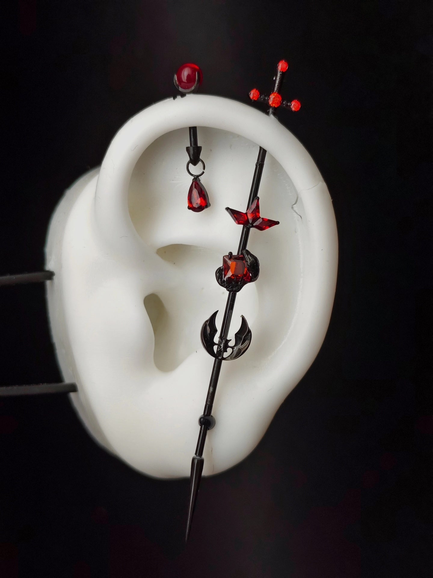 Titanium Alloy Ear Bridge and Earring Set with Cross, Red Zircon, and Spike