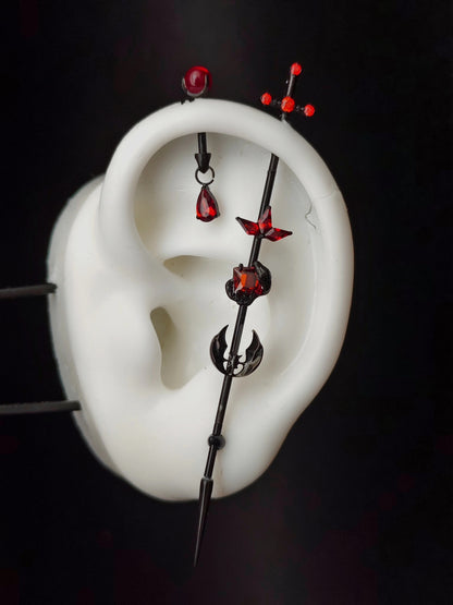 Titanium Alloy Ear Bridge and Earring Set with Cross, Red Zircon, and Spike
