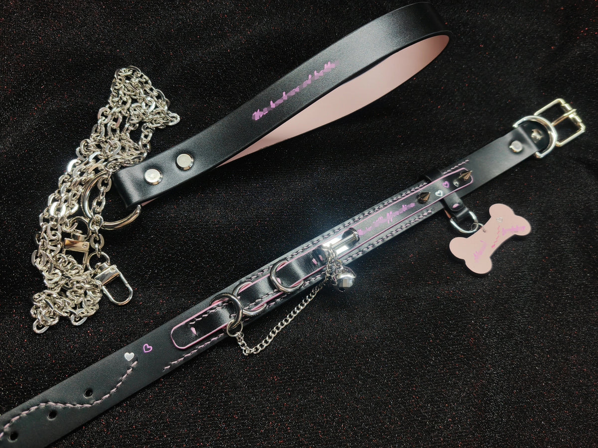 Ensemble collier et laisse en cuir de vache noir et rose