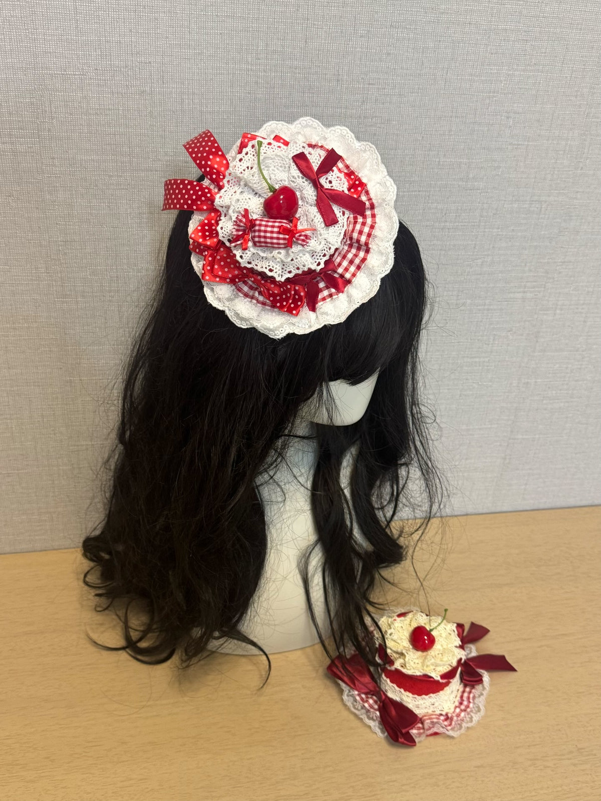 Cherry Lace Fascinator Hat with Cupcake Wrist Piece